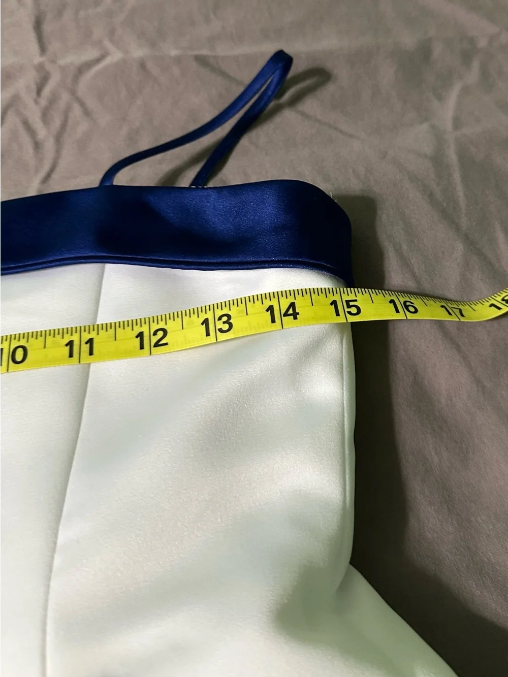 David's Bridal White Satin with Royal Blue Trim A-Line Formal Dress, Size 14. - Picture 7 of 9